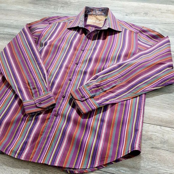 Robert Graham Mens Long Sleeve Shirt Large Designer Flip Cuff Embroidered Purple - Picture 3 of 12